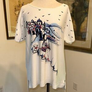 Mesh + Lace White Graphic Beaded Knit Top Size Large